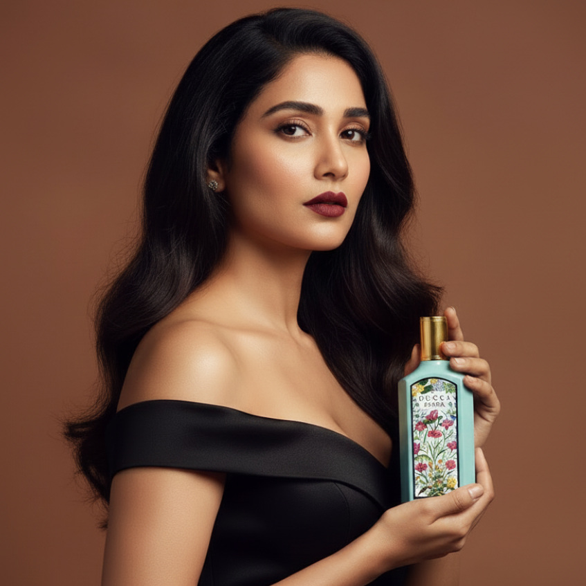 Model holding Flora Gorgeous Jasmine Perfume, over shoulder pose