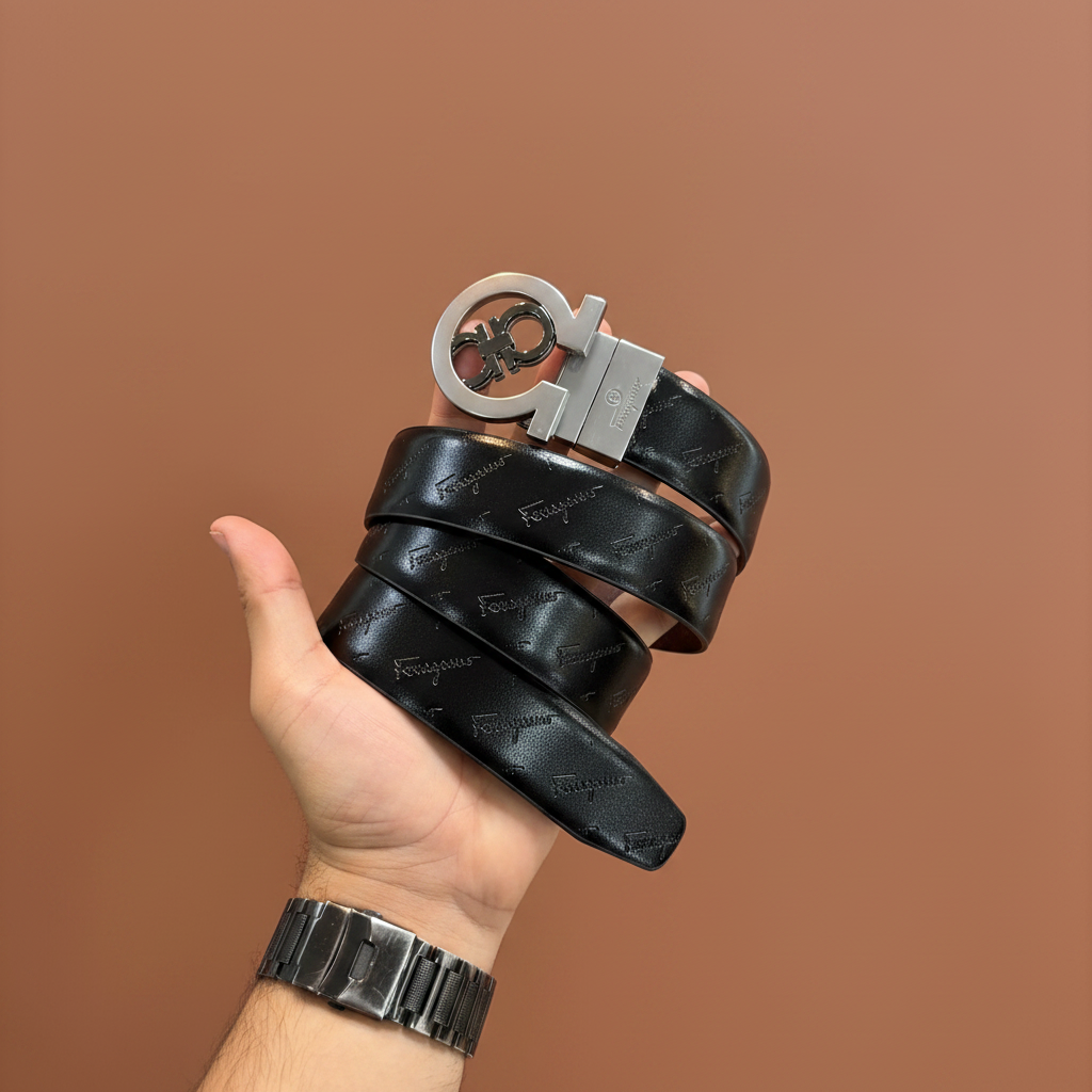 Ferragamo Silver Belt Black - Studio Shot