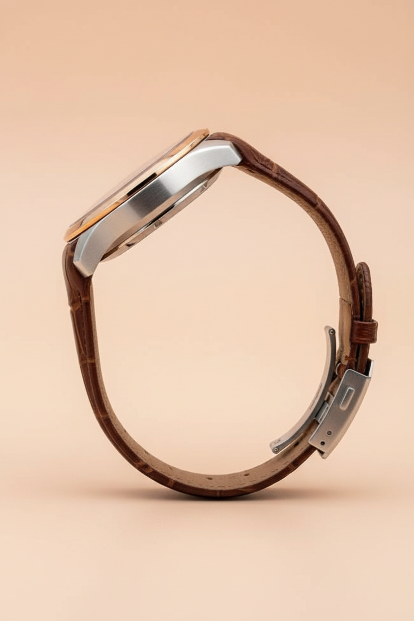 Side profile showing watch case and deployment clasp
