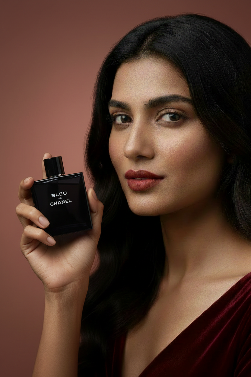 Premium Blue Inspired - Female Model Holding Luxury Fragrance