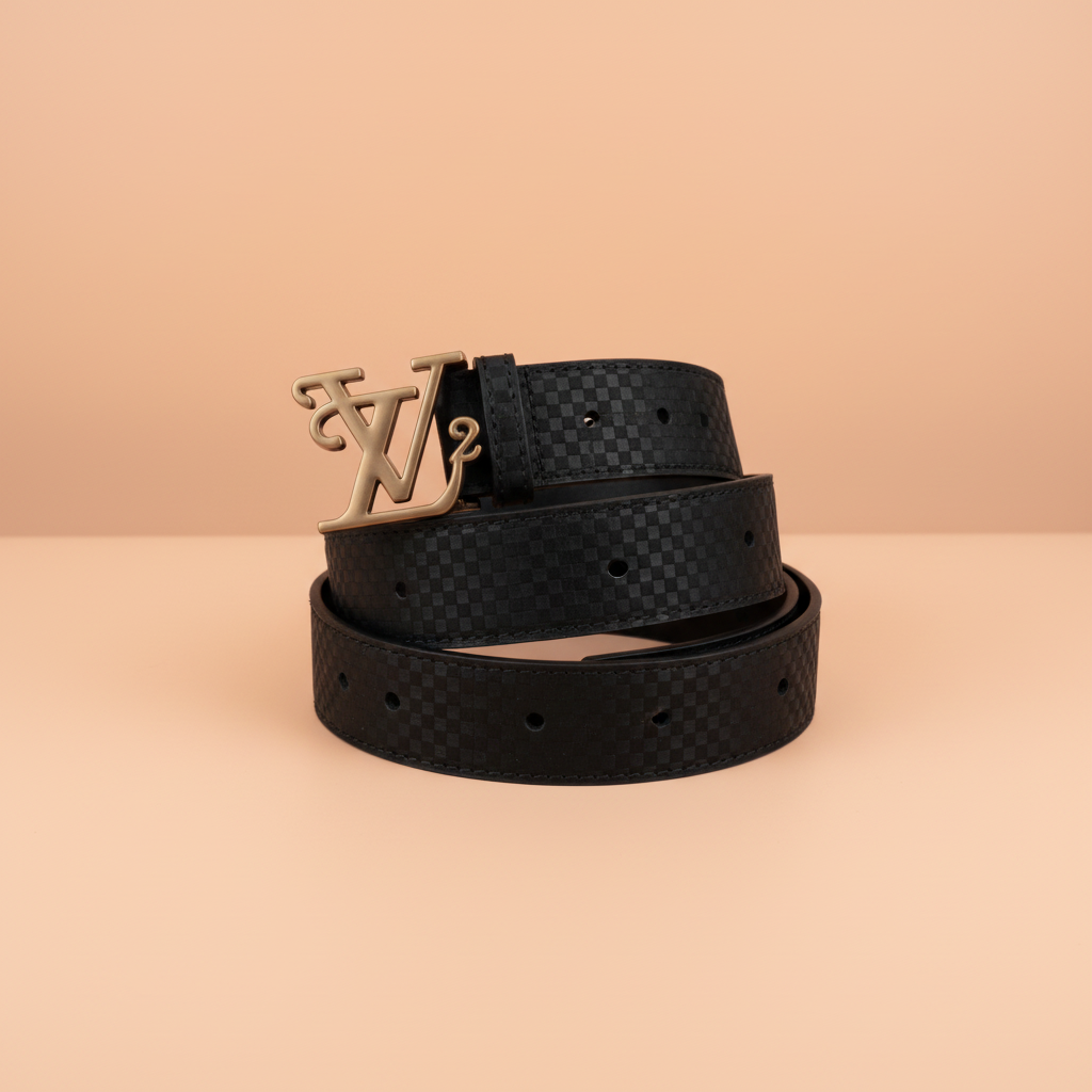 Black textured belt on a peach table, right angle