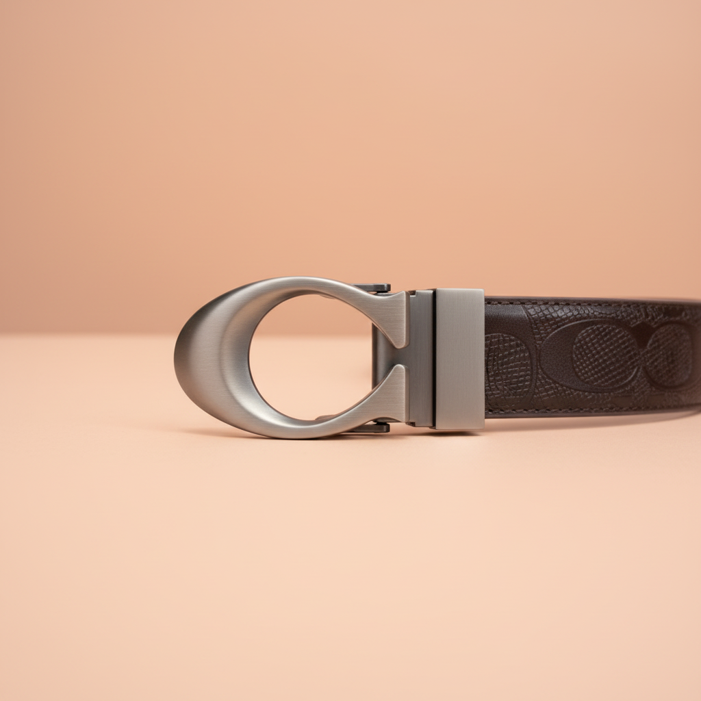 Top close-up of brown embossed belt buckle on peach background