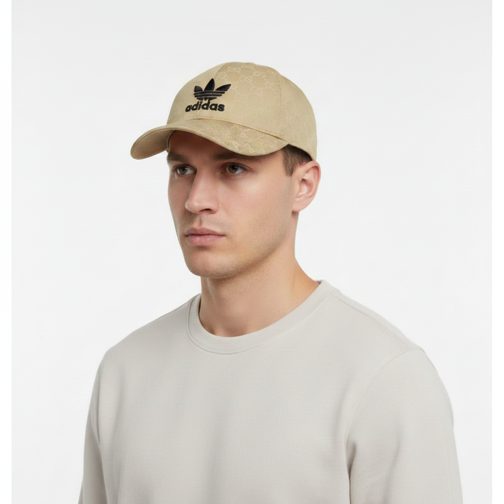 Male model wearing beige baseball cap, low-angle studio view