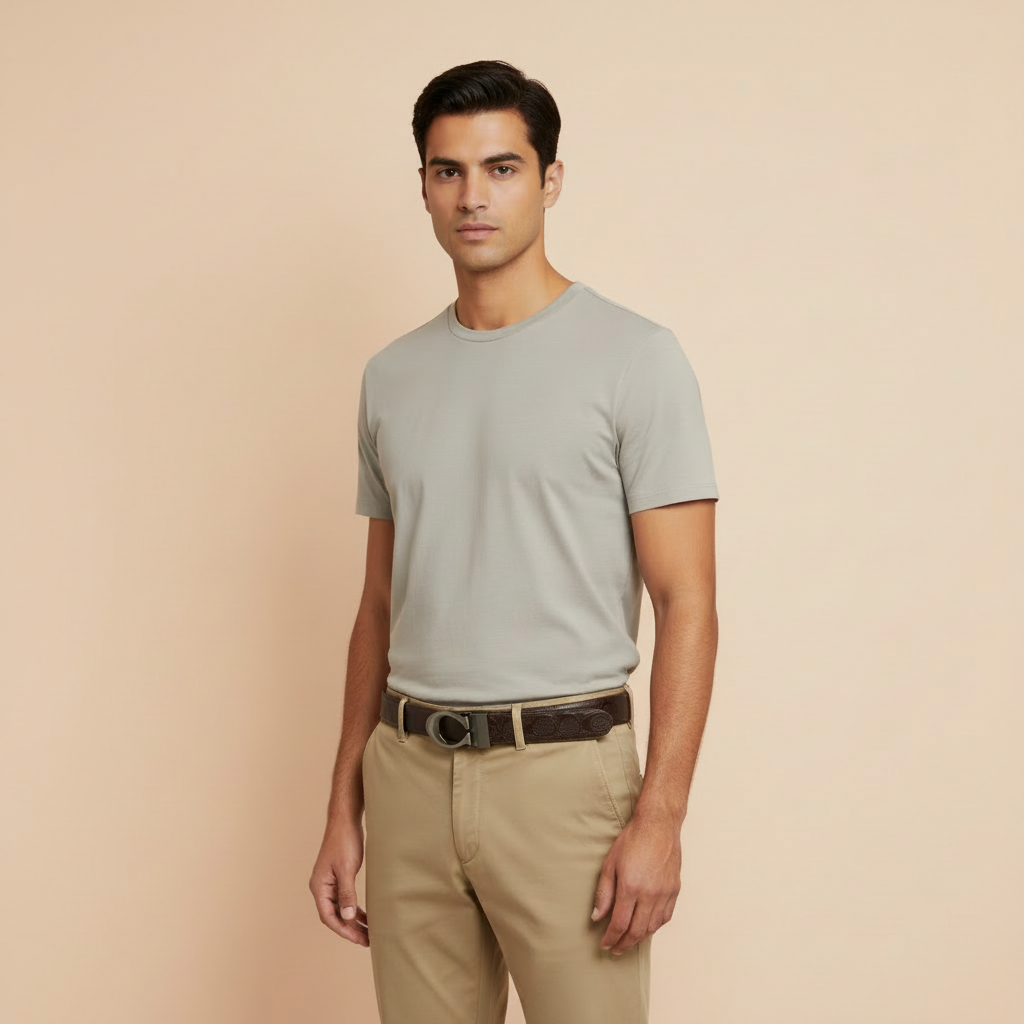 Male model wearing brown embossed pattern belt, left three-quarter view