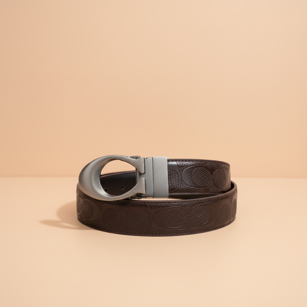 Brown embossed belt on a peach table, front-right angle