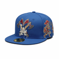 Royal blue fitted cap front-right 3/4 angle, white background