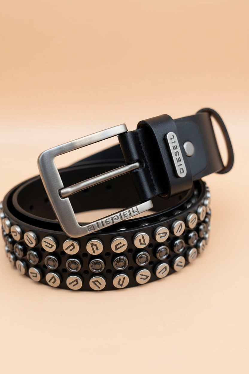 Diesel belt buckle and branding detail