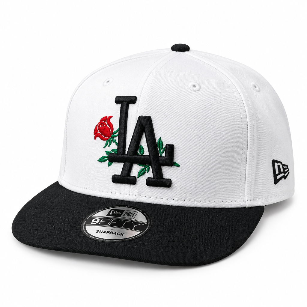 White and black snapback cap with red rose embroidery
