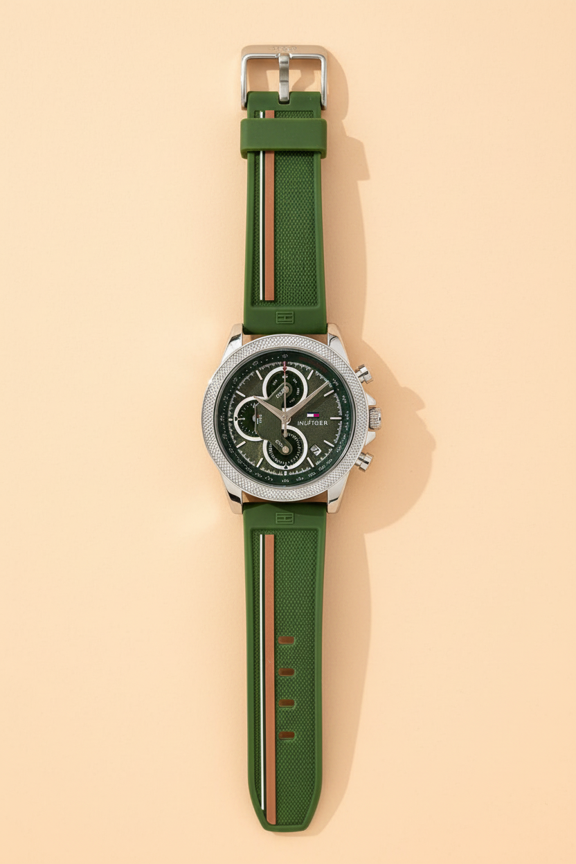 Flat lay complete watch view with green strap