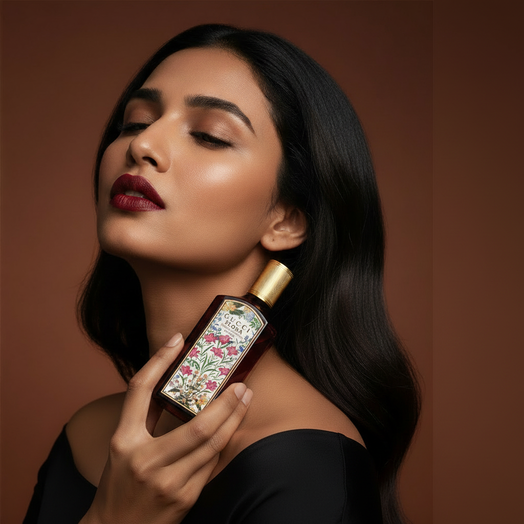 Model with Flora Gorgeous Gardenia Intense near neck