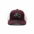 Maroon and white mesh trucker cap front view on white studio background