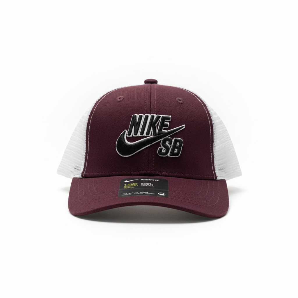 Maroon and white mesh trucker cap front view on white studio background