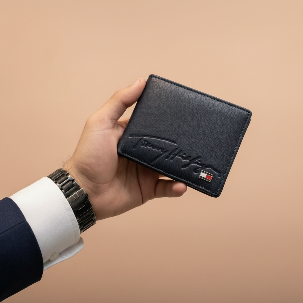 Tommy Hilfiger Navy Blue Wallet – Lifestyle Hand Hold Peach Background 1:1