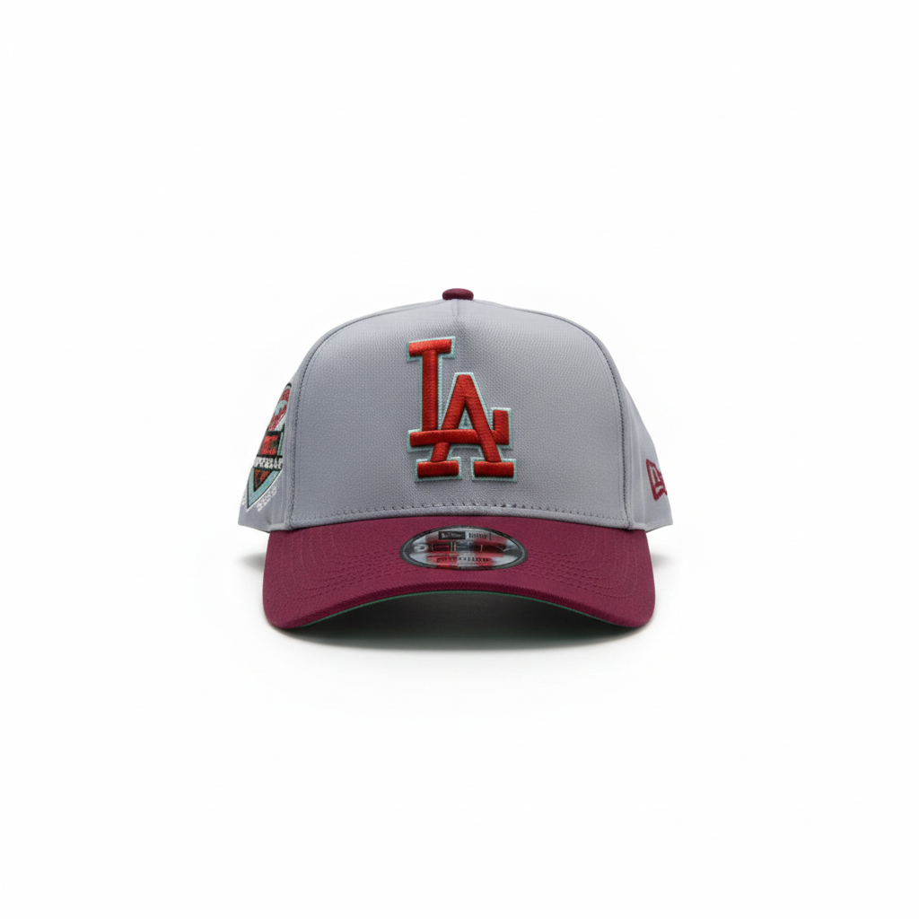 Grey and burgundy baseball cap front view on white studio background