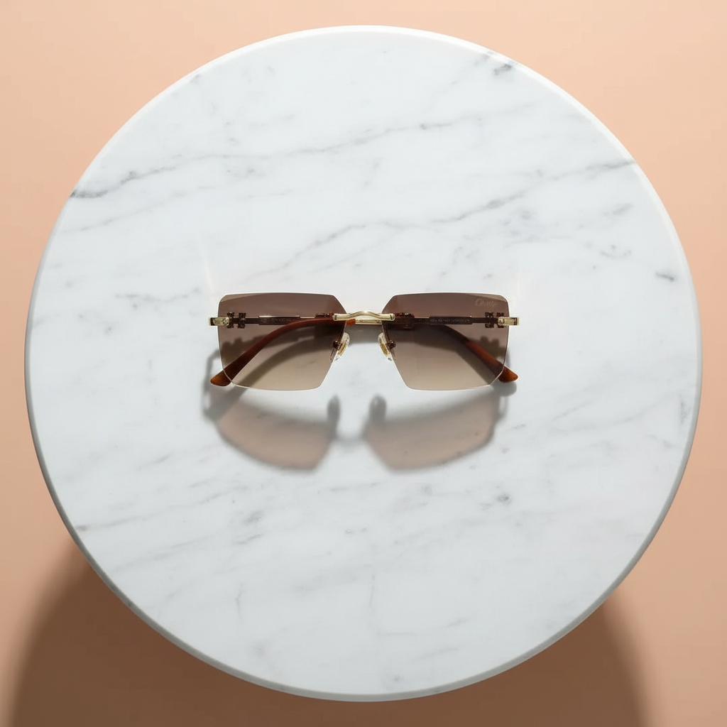 Rimless square sunglasses flat lay peach background