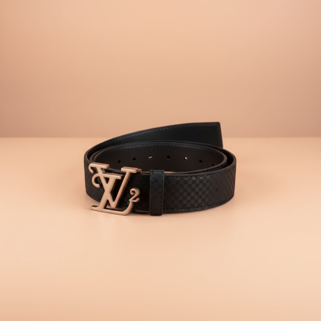 Black textured belt arranged in a loop on a peach table