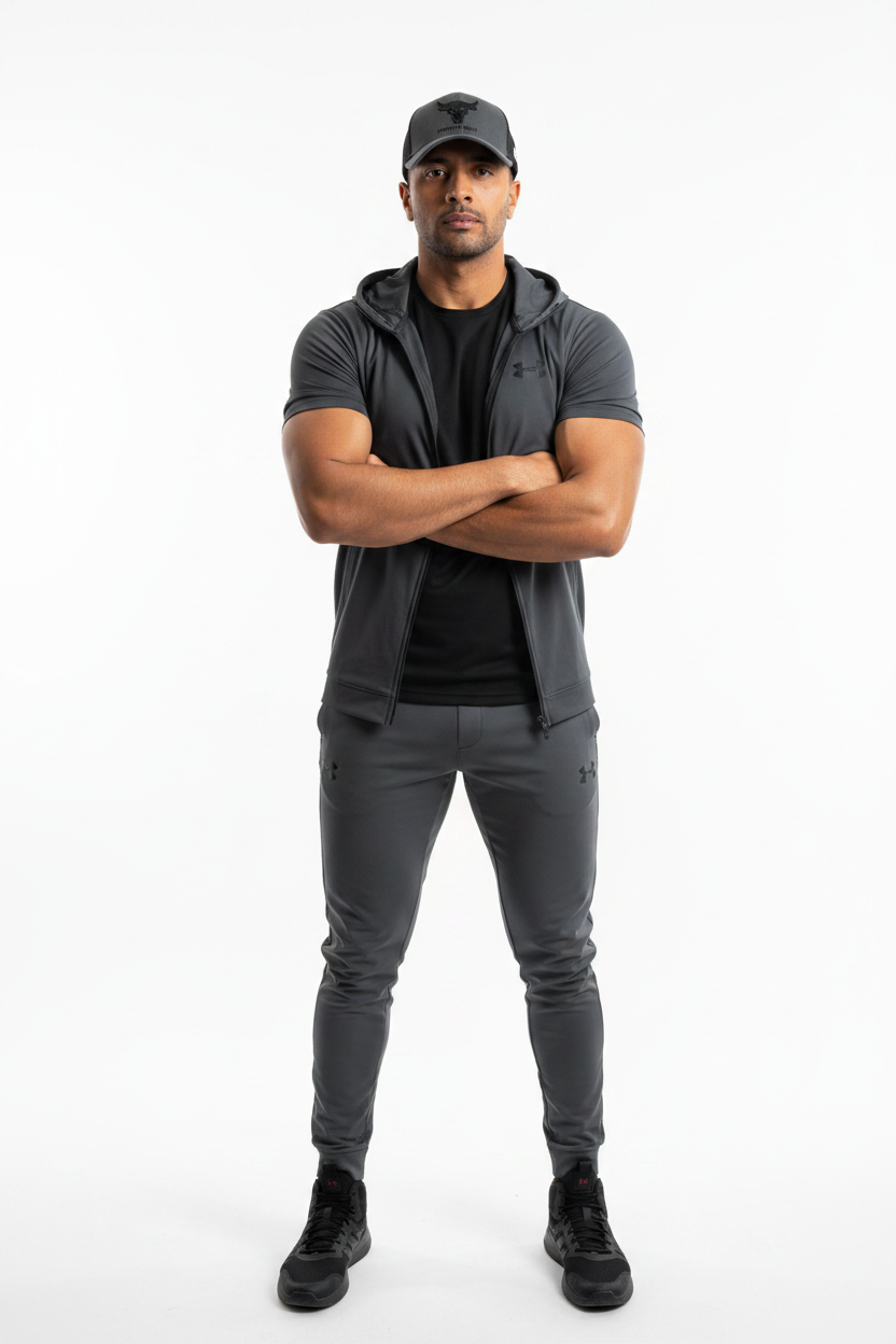Project Rock Grey Cap — UGC studio front worn shot