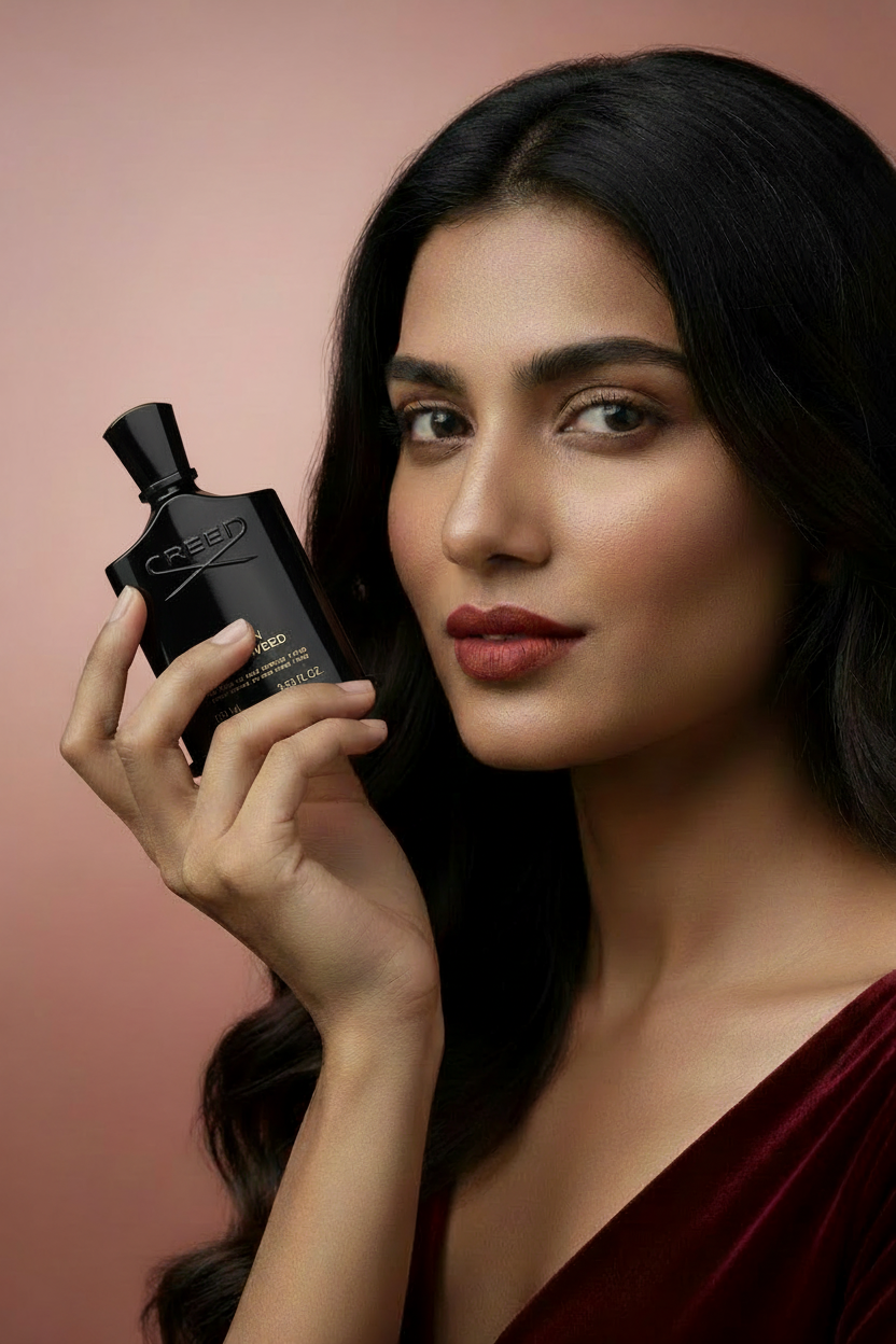 Irish Tweed Inspired - Female Model Holding Luxury Fragrance