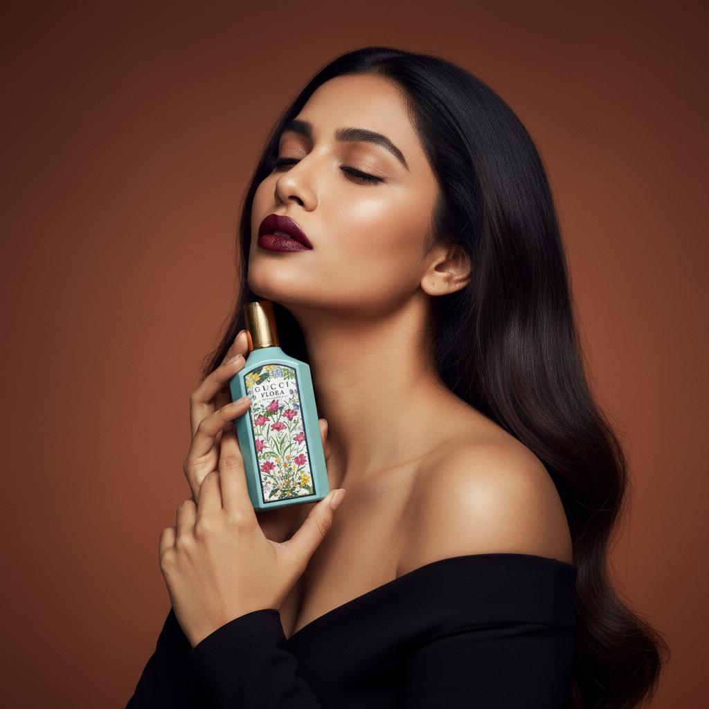 Model with Flora Gorgeous Jasmine near neck