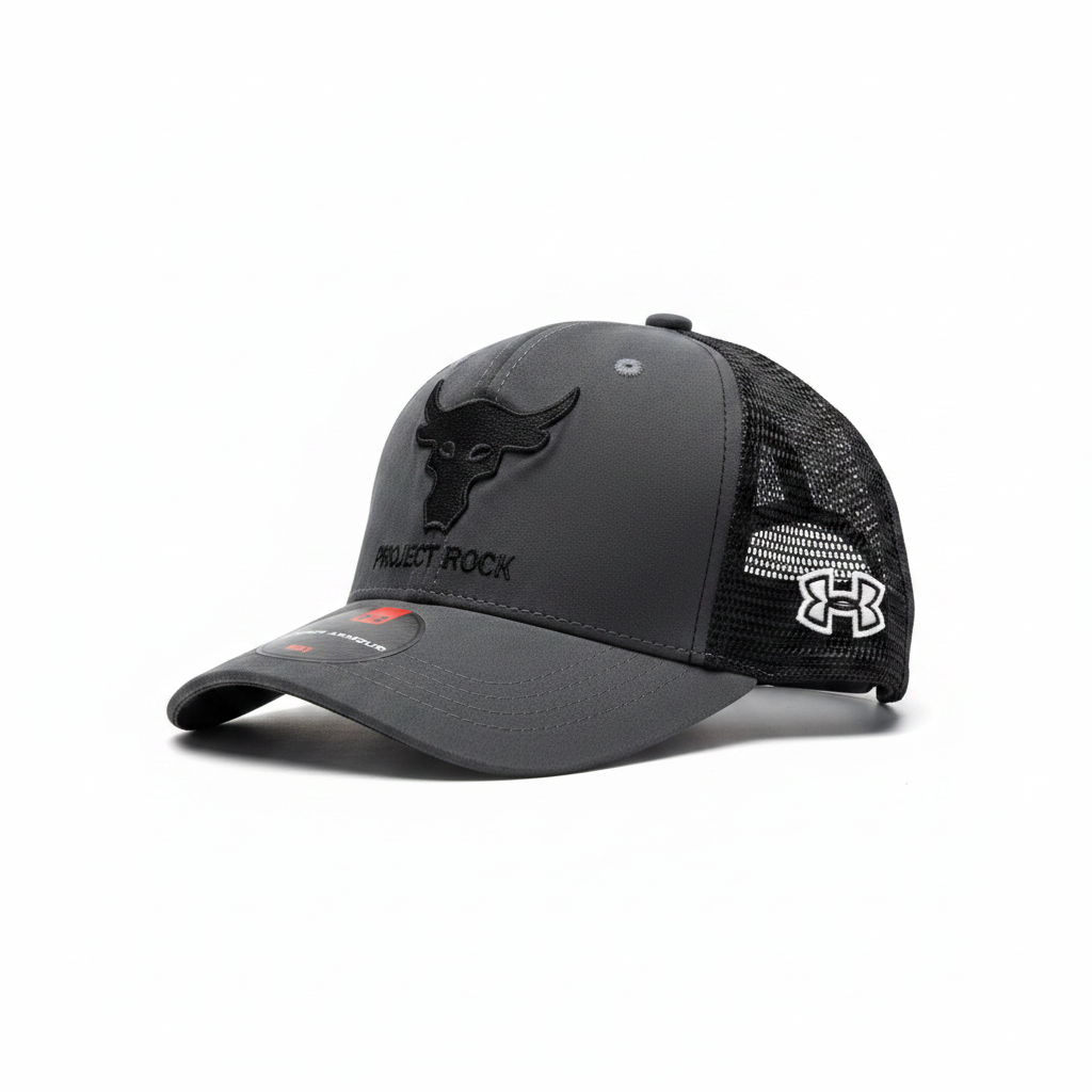 Project Rock Grey Cap — white background studio 45 degree side angle