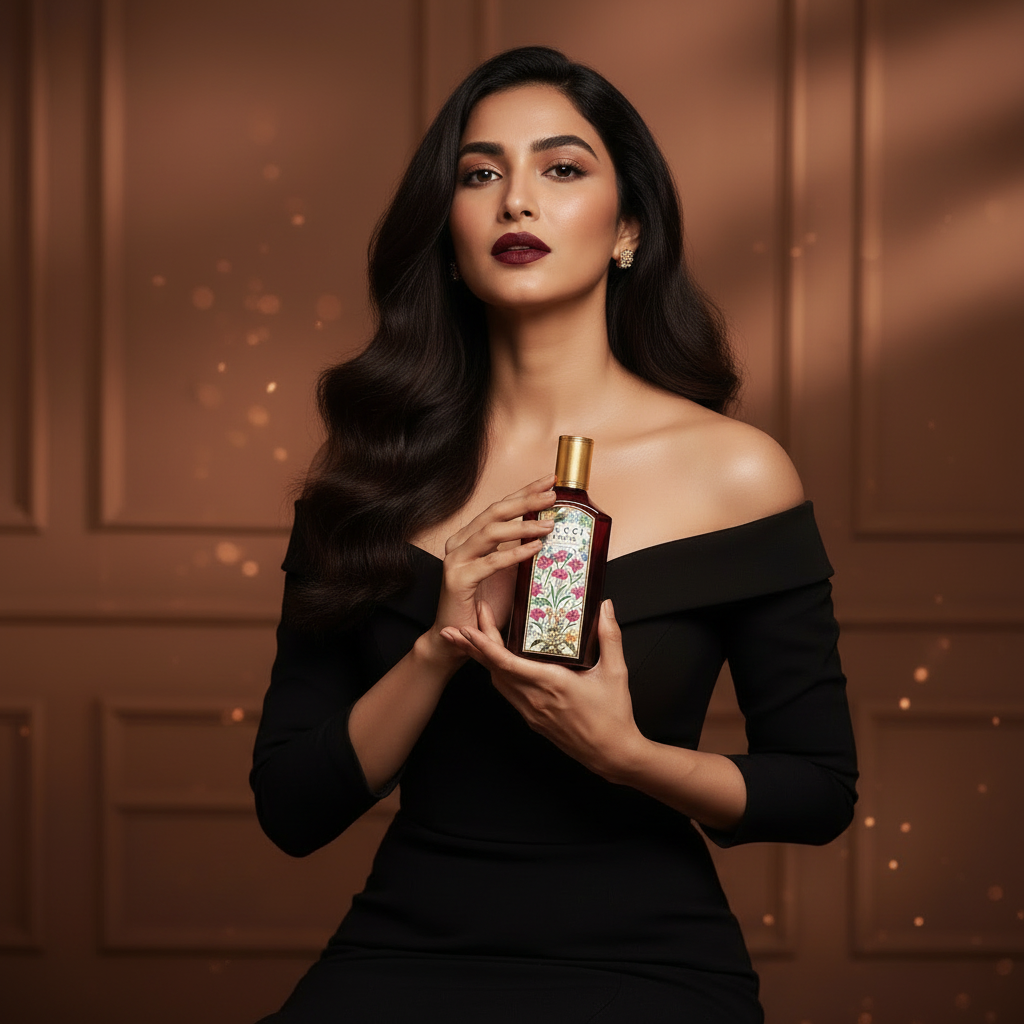 Model holding Flora Gorgeous Gardenia Intense Perfume at chest