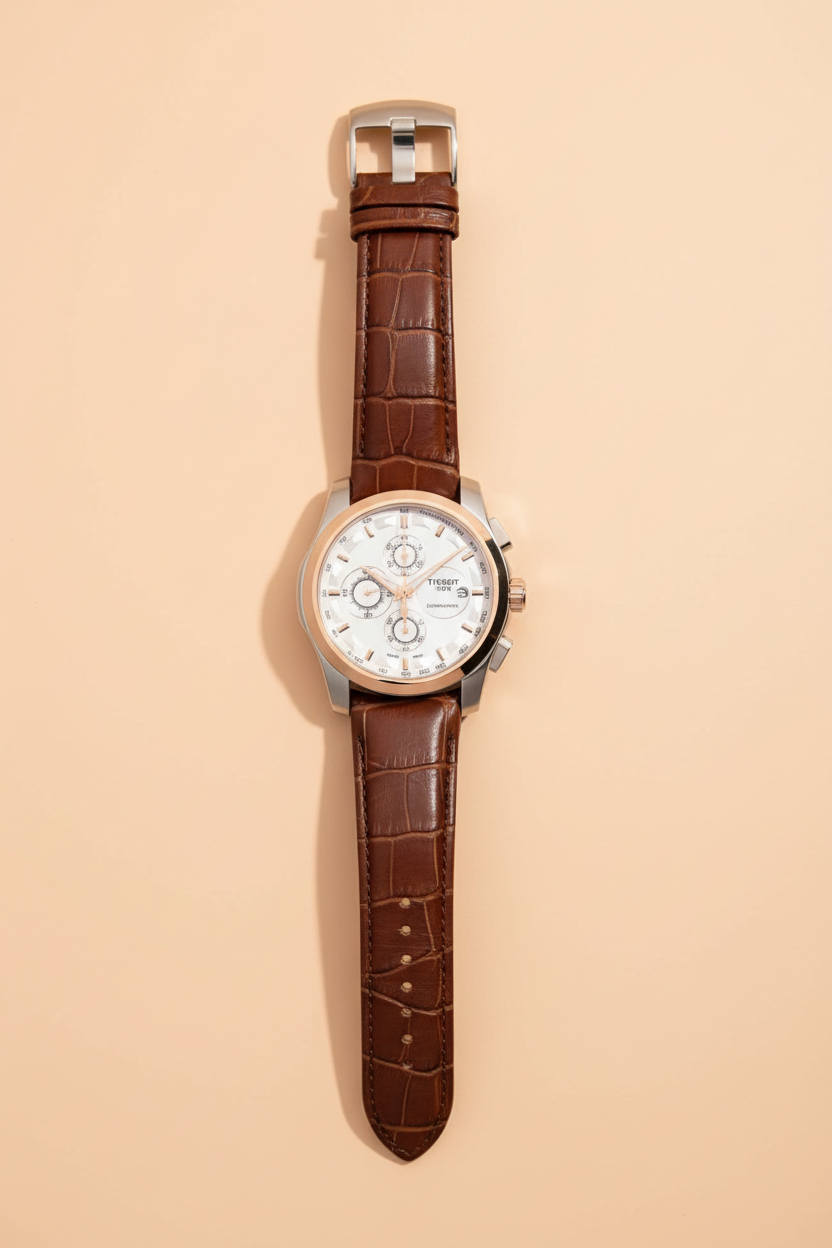 Flat lay view of complete chronograph watch with leather strap