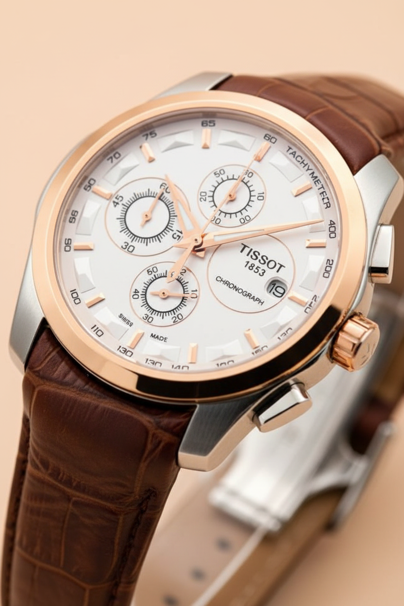 Close-up of multi-function chronograph dial with rose gold accents