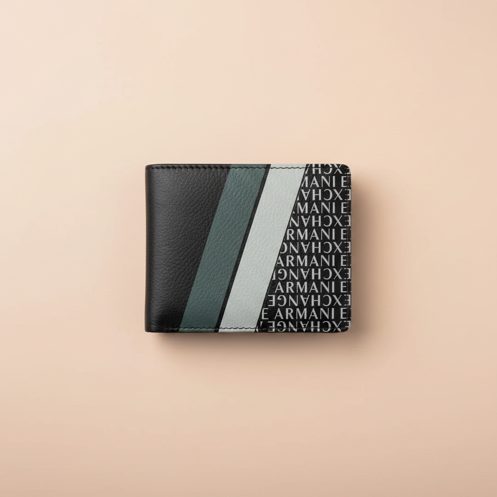 Armani Exchange AX Logo Print Bifold Wallet – Flat Lay Peach Background