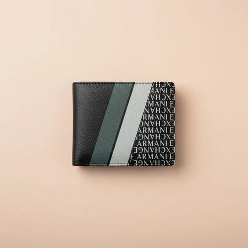 Armani Exchange AX Logo Print Bifold Wallet – Flat Lay Peach Background