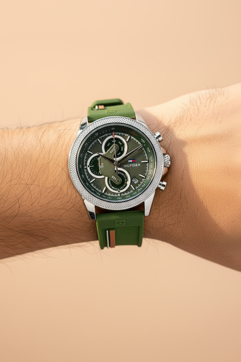 Green chronograph watch on wrist