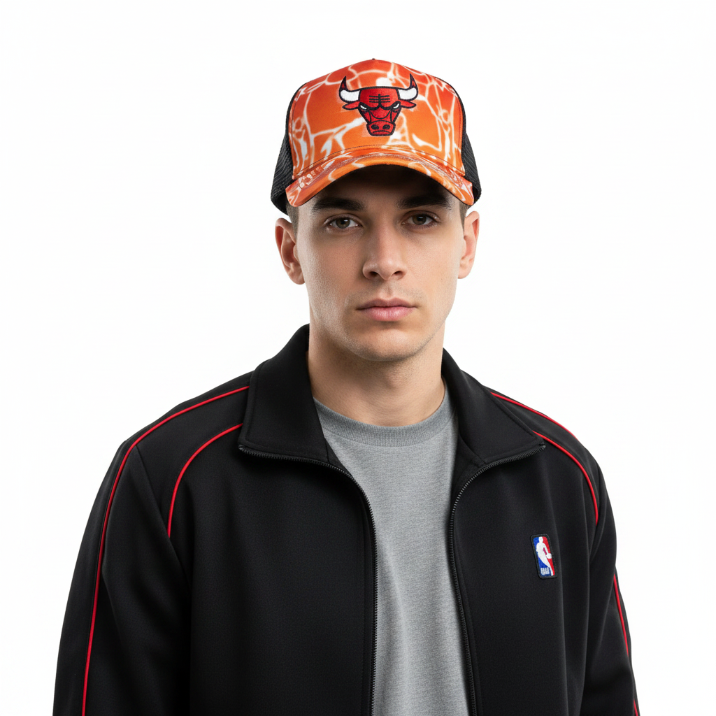 Chicago Bulls Orange Flame Trucker Cap - Front View Model White Background