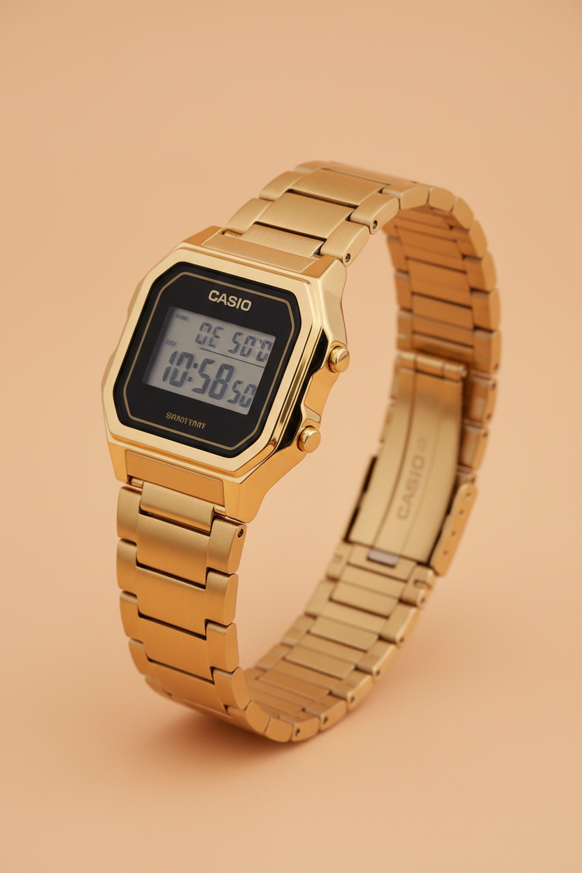 Side profile of gold watch showing adjustable clasp