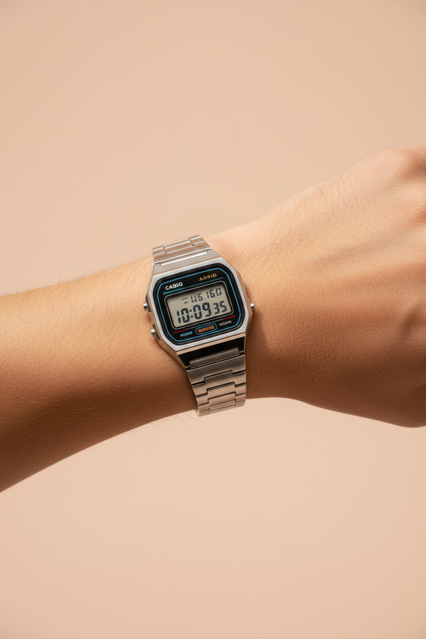 Vintage digital watch on wrist with silver stainless steel bracelet
