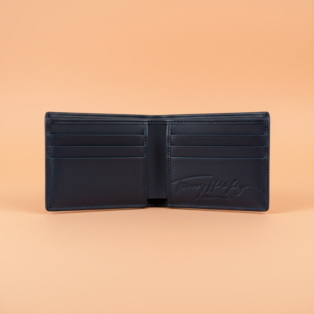 Tommy Hilfiger Navy Blue Wallet – Open Interior Peach Background