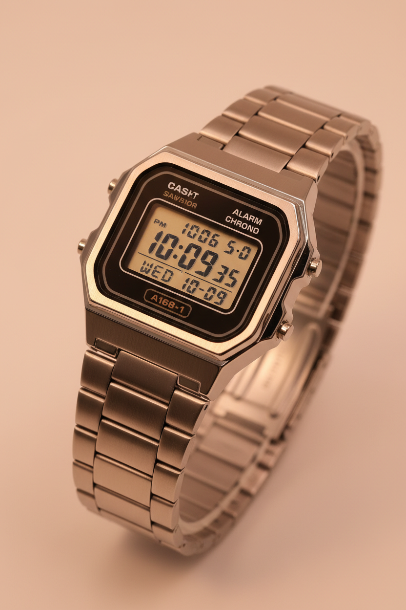 Close-up of digital LCD display showing time and features