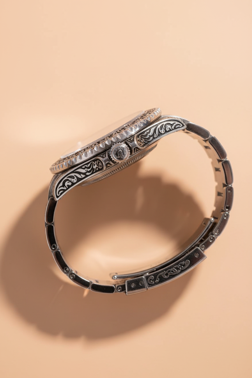 Side profile showing engraved bracelet pattern detail