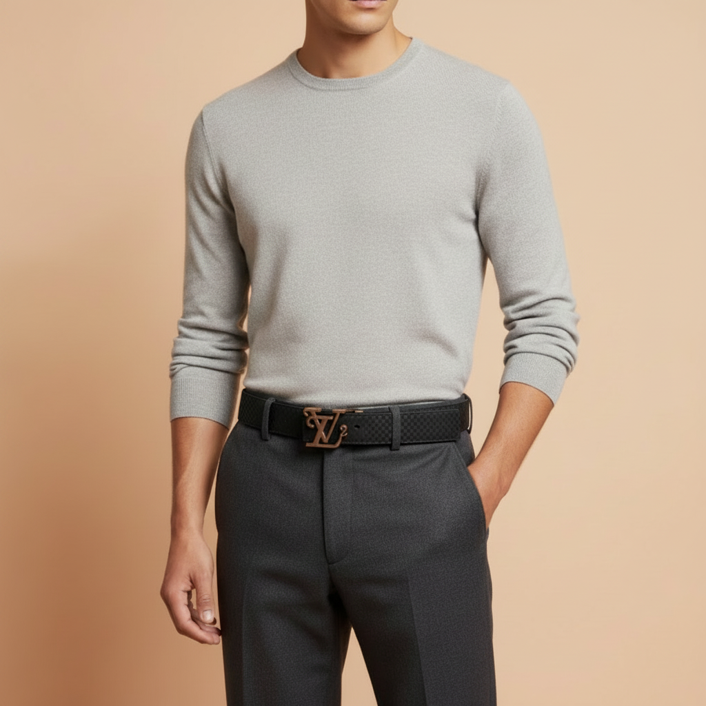 Male model wearing black textured belt, front view