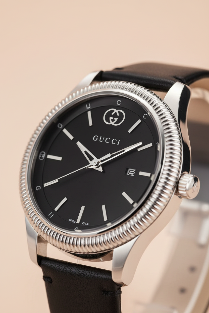 Close-up of black dial with date window