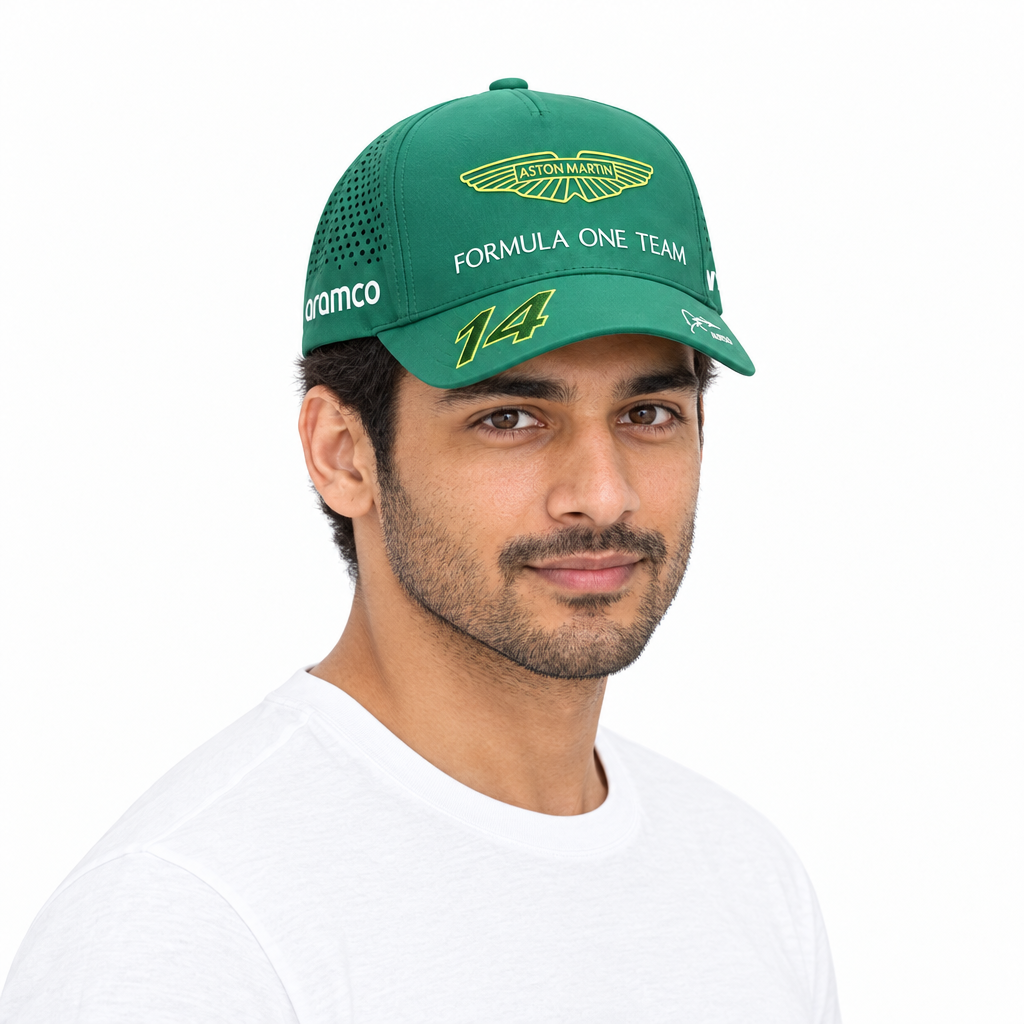 Male model wearing green cap right three-quarter view