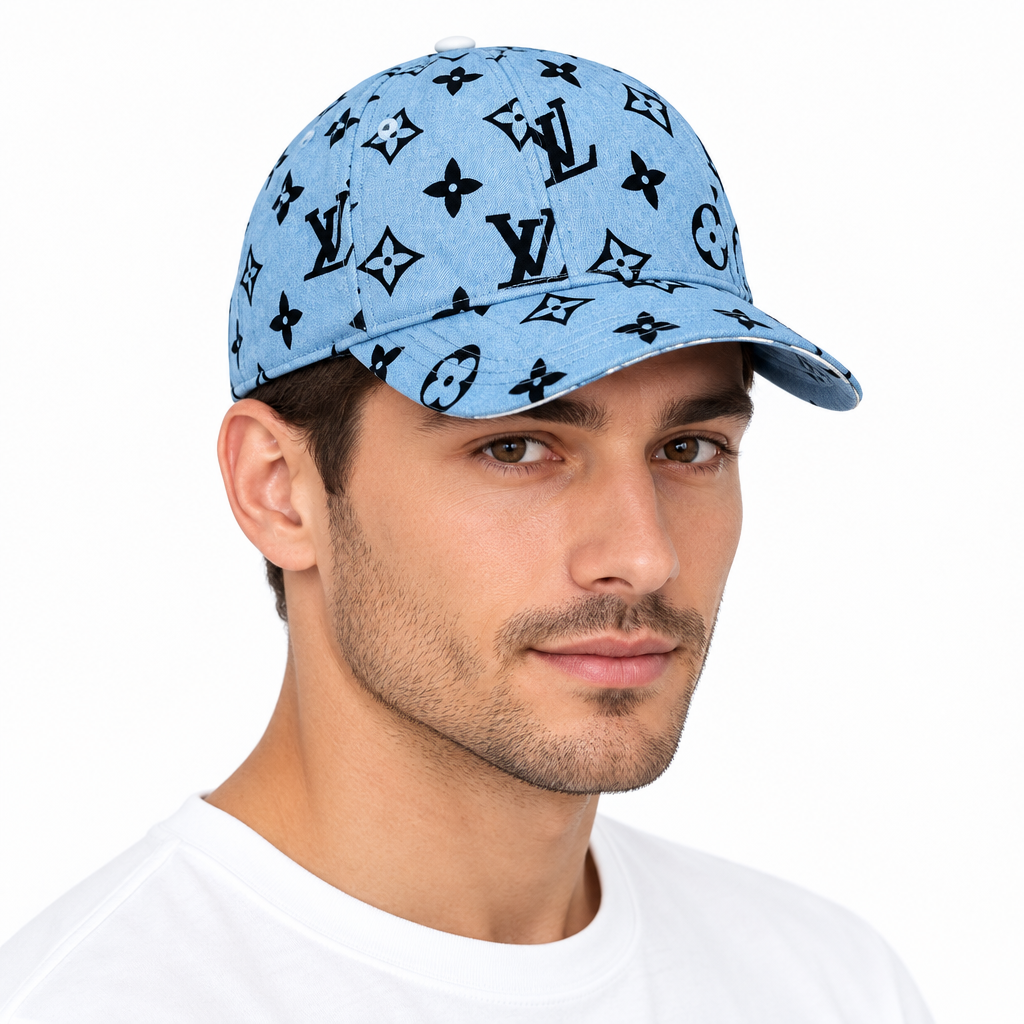 Male model wearing light-blue patterned cap