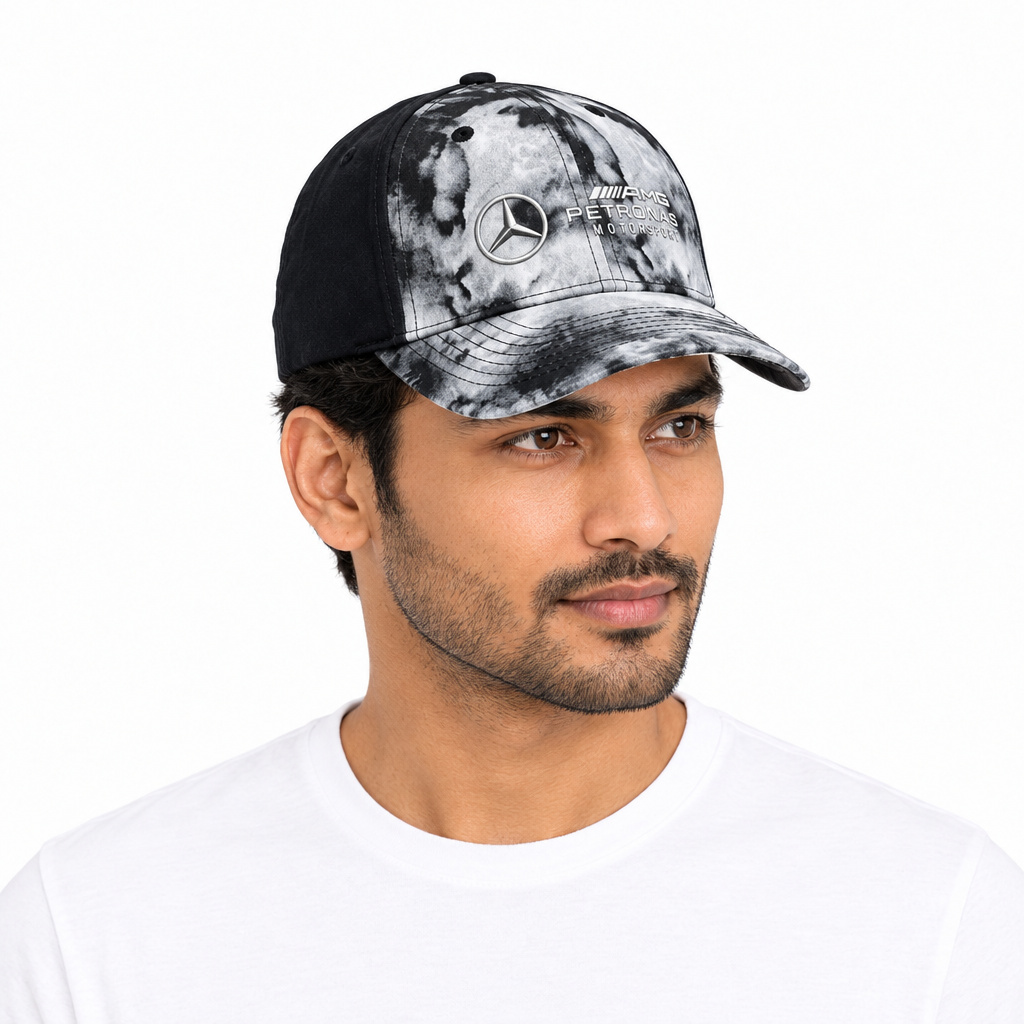 Male model wearing marbled cap right three-quarter view