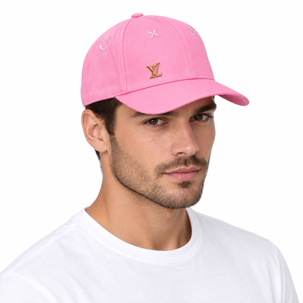 Male model wearing pink cap