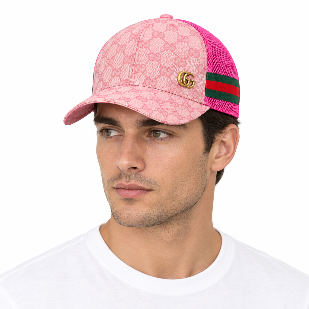 Male model wearing pink mesh-back cap
