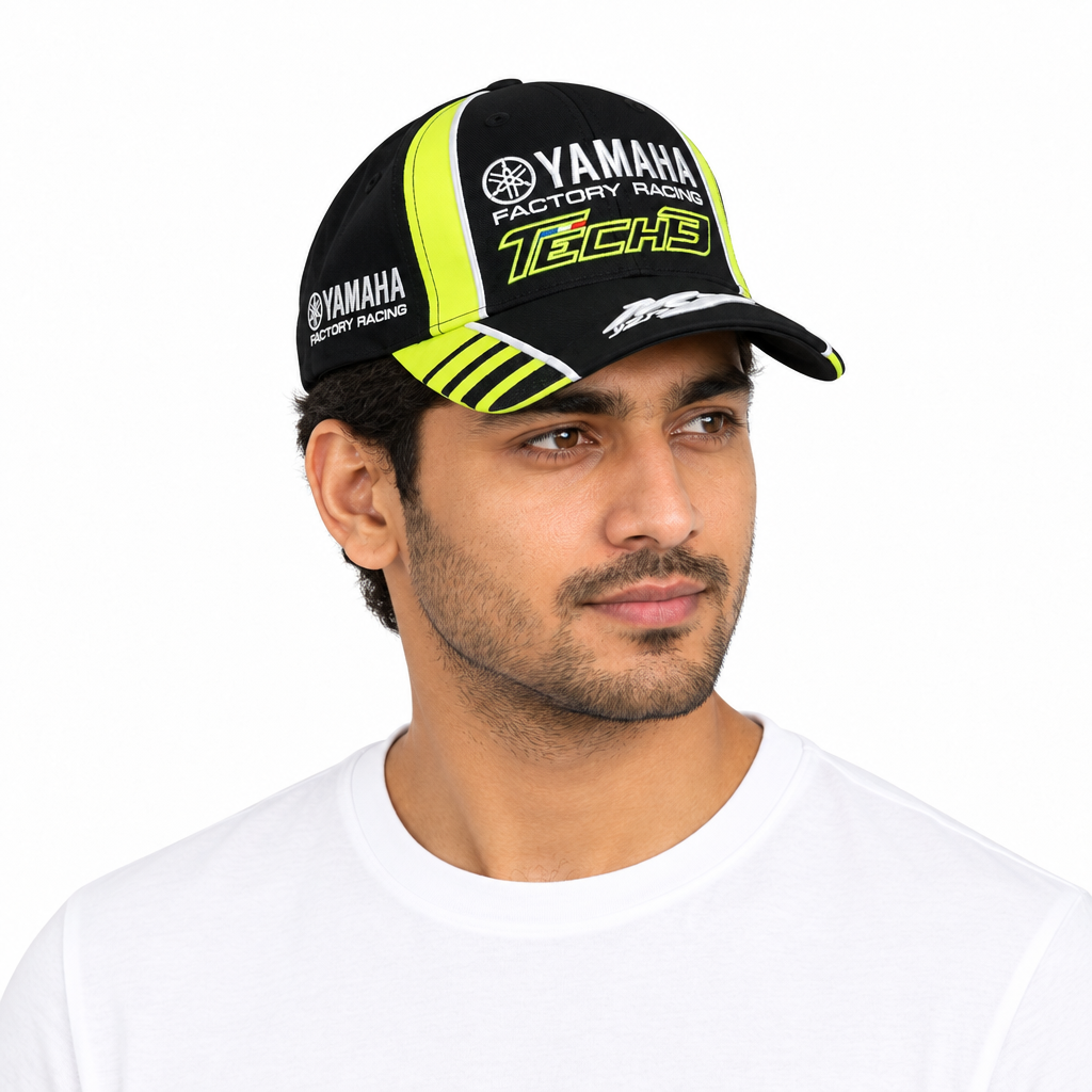 Male model wearing racing cap right three-quarter view