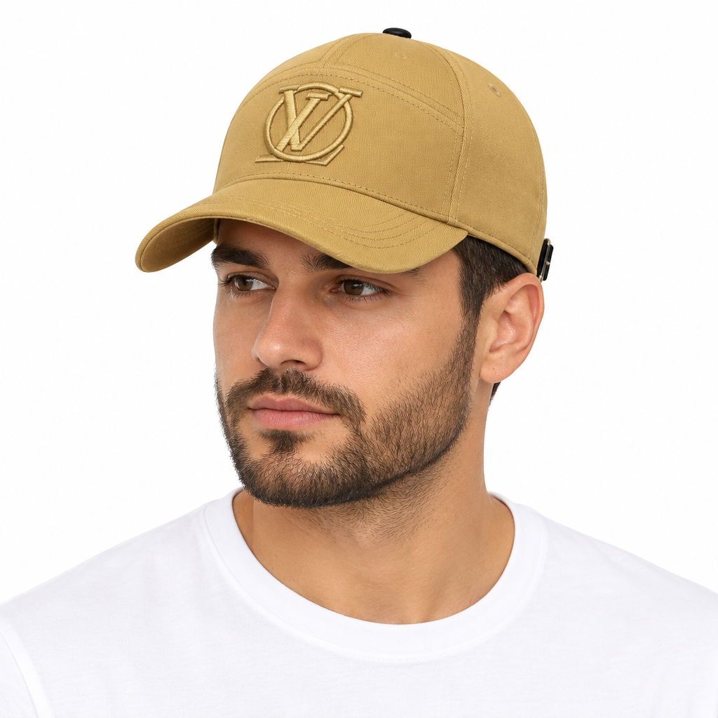 Male model wearing tan cap