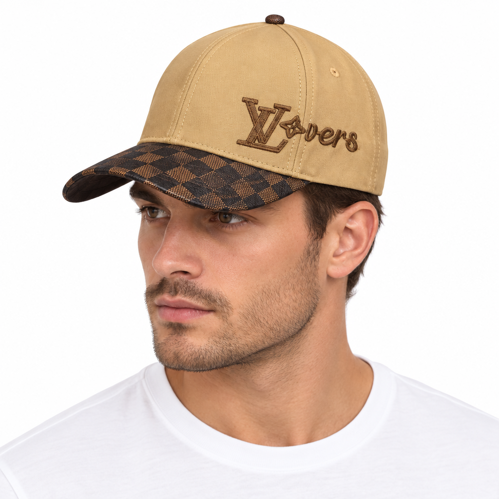 Male model wearing tan checkerboard-brim cap