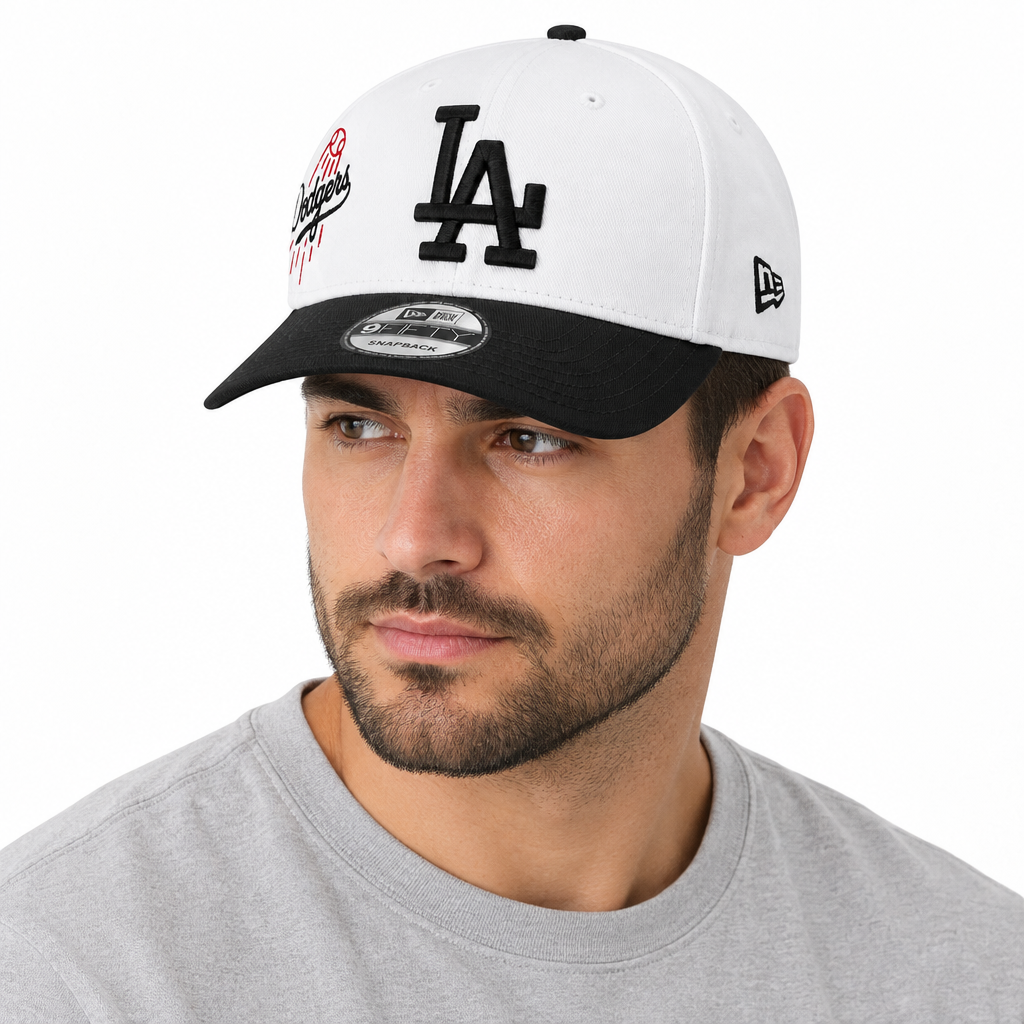 Male model wearing the white-and-black cap on white background