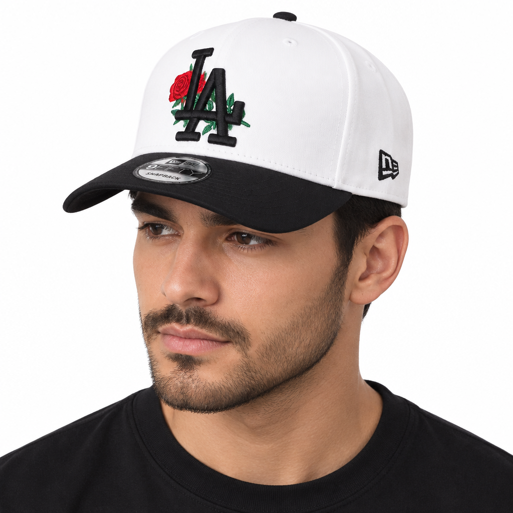 Male model wearing the white-and-black rose embroidered cap