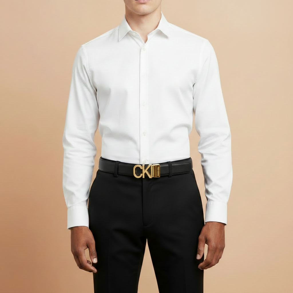 Male model with gold CK belt