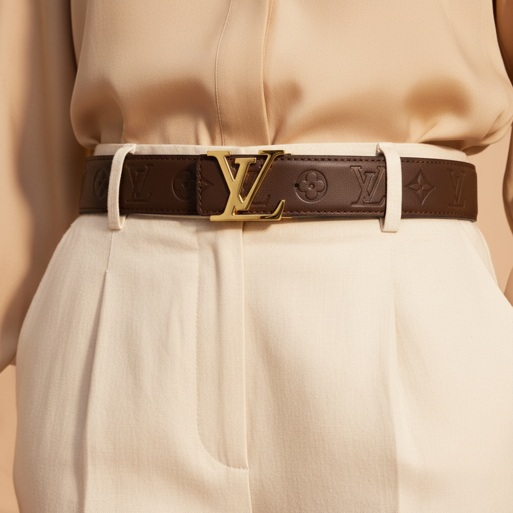 Model wearing LV Embossed Belt - Close-up